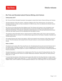 Rio Tinto and Sinosteel Extend Channar Mining Joint Venture