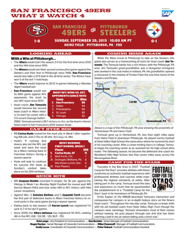 49Ers Steelers 1-0 Sunday, September 20, 2015 | 10:00 Am Pt 0-1 Heinz Field | Pittsburgh, Pa | Fox