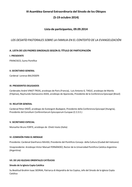 III Asamblea General Extraordinaria Del Sínodo De Los Obispos (5-19 Octubre 2014)