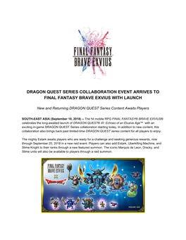 Dragon Quest Series Collaboration Event Arrives to Final Fantasy Brave Exvius with Launch