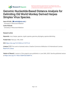 Genomic Nucleotide-Based Distance Analysis for Delimiting Old World Monkey Derived Herpes Simplex Virus Species