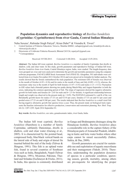 Population Dynamics and Reproductive Biology of Barilius Bendelisis (Cyprinidae: Cypriniformes) from River Gaula, Central Indian Himalaya