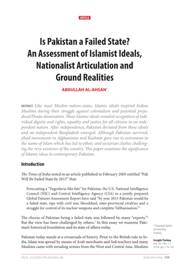 Is Pakistan a Failed State? an Assessment of Islamist Ideals, Nationalist Articulation and Ground Realities