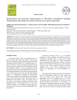 Morphological and Molecular Characterization of Microplitis Maculipennis Szépligeti (Hymenoptera: Braconidae) from India with Notes on Its Generic Placement