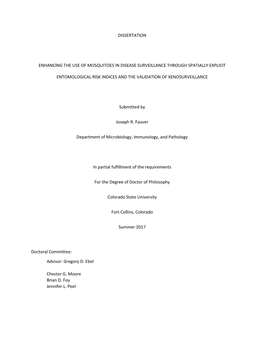 Dissertation Enhancing the Use of Mosquitoes in Disease Surveillance Through Spatially Explicit Entomological Risk Indices and T