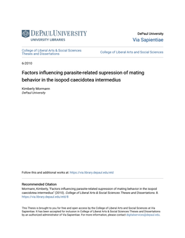 Factors Influencing Parasite-Related Supression of Mating Behavior in the Isopod Caecidotea Intermedius