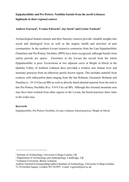 Epipalaeolithic and Pre-Pottery Neolithic Burials from the North Lebanese Highlands in Their Regional Context Andrew Garrard1, Y