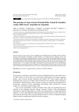 The Presence of Argas Keiransi Estrada-Peña, Venzal & González-Acuña, 2003 (Acari: Argasidae) in Argentina