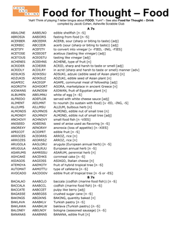 Food for Thought – Food “Aah! Think of Playing 7-Letter Bingos About FOOD, Yum!”– See Also Food for Thought – Drink Compiled by Jacob Cohen, Asheville Scrabble Club