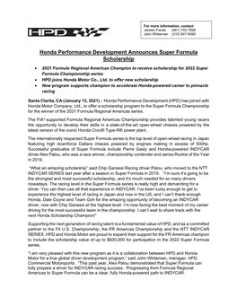 Honda Performance Development Announces Super Formula Scholarship