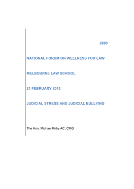 National Wellness for Law Forum, Melbourne University Law School, 21 February 2013