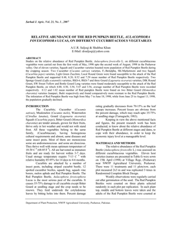 Relative Abundance of the Red Pumpkin Beetle, Aulacophora Foveicophora Lucas, on Different Cucurbitaceous Vegetables