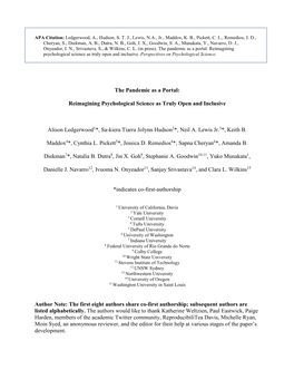 The Pandemic As a Portal: Reimagining Psychological Science As Truly Open and Inclusive Alison Ledgerwood1*, Sa-Kiera Tiarra