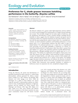 Preference for C4 Shade Grasses Increases Hatchling Performance in the Butterﬂy, Bicyclus Saﬁtza Ossi Nokelainen1, Brad S