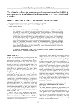 The Critically Endangered Hairy Marron, Cherax Tenuimanus Smith, 1912: a Review of Current Knowledge and Actions Required to Prevent Extinction of a Species