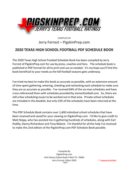 Jerry Forrest – Pigskinprep.Com 2020 TEXAS HIGH SCHOOL FOOTBALL PDF SCHEDULE BOOK