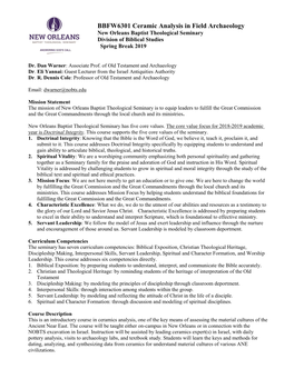 BBFW6301 Ceramic Analysis in Field Archaeology New Orleans Baptist Theological Seminary Division of Biblical Studies Spring Break 2019