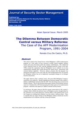 The Dilemma Between Democratic Control Versus Military Reforms: the Case of the AFP Modernisation Program, 1991-2004