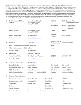 This Document Gives Pertinent Information Concerning the Reissuance of the Virginia Pollution Discharge Elimination System (VPDES) Permit Listed Below