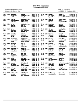 2020 ANA Inspiration Round 4 Starting Times Sunday, September 13, 2020 Purse: $3,100,000.00 Mission Hills Country Club Par: 36 36 - 72 Yardage: 6865