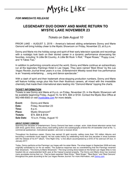 Legendary Duo Donny and Marie Return to Mystic Lake November 23