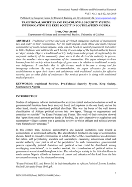 Traditional Societies and Pre-Colonial Security System: Interrogating the Ekpe Society in Southeastern Nigeria