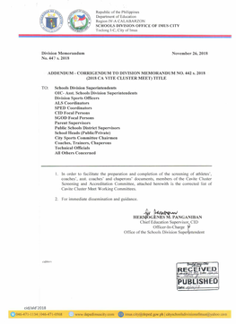 Division Memorandum No. 447 S. 2018 November 26, 2018 ADDENDUM