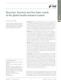 Structure, Function and Five Basic Needs of the Global Health Research