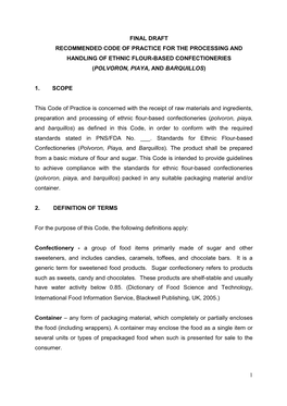 Recommended Code of Practice for the Processing and Handling of Ethnic Flour-Based Confectioneries (Polvoron, Piaya, and Barquillos )