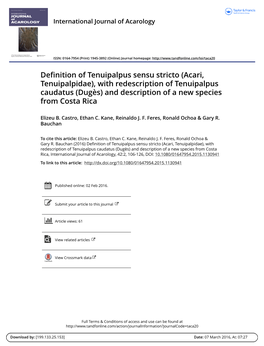 (Acari, Tenuipalpidae), with Redescription of Tenuipalpus Caudatus (Dugès) and Description of a New Species from Costa Rica