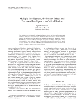 Multiple Intelligences, the Mozart Effect, and Emotional Intelligence: a Critical Review