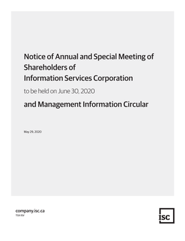 Notice of Annual and Special Meeting of Shareholders of Information Services Corporation to Be Held on June 30, 2020 and Management Information Circular