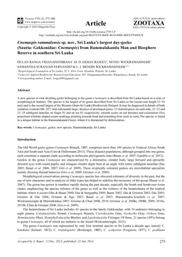 Sauria: Gekkonidae: Cnemaspis) from Rammalakanda Man and Biosphere Reserve in Southern Sri Lanka