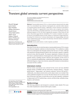 Transient Global Amnesia: Current Perspectives