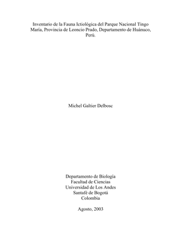Inventario De La Fauna Ictiológica Del Parque Nacional Tingo María, Provincia De Leoncio Prado, Departamento De Huánuco, Perú
