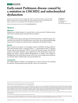 Early-Onset Parkinson Disease Caused by a Mutation in CHCHD2 and Mitochondrial Dysfunction