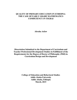 Quality of Primary Education in Ethiopia: the Case of Early Grade Mathematics Competency in Tigrai