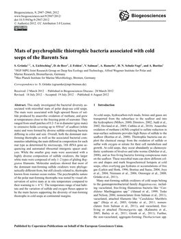 Mats of Psychrophilic Thiotrophic Bacteria Associated with Cold Seeps of the Barents Sea