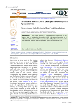 Checklist of Iranian Aphids (Hemiptera: Stenorrhyncha: Aphidomorpha)