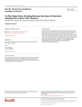 To Play Many Parts: Reading Between the Lines of Charlotte Salomon/CS’S Leben? Oder Theater? Nicholas Chare in Conversation with Griselda Pollock Nicholas Chare