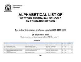 Alphabetical List of Western Australian Schools by Education Region