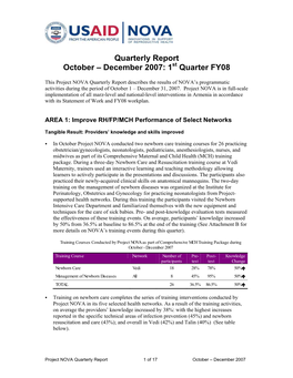 Quarterly Report October – December 2007: 1St Quarter FY08