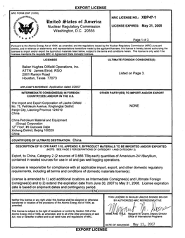 Export License Issued to Baker Hughes Oilfield Operations, Inc, Dated May 11, 2007