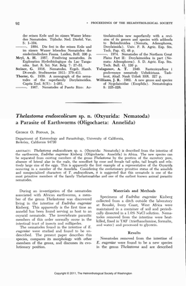 Oxyurida: Nematoda) a Parasite of Earthworms (Oligochaeta: Annelida