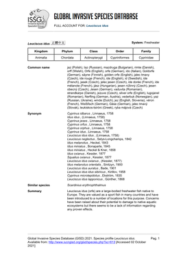 (GISD) 2021. Species Profile Leuciscus Idus. Available From