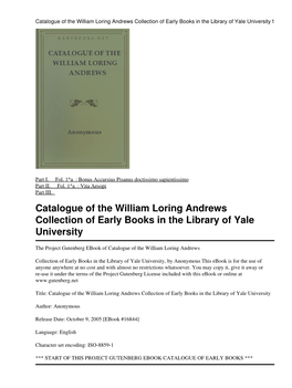Catalogue of the William Loring Andrews Collection of Early Books in the Library of Yale University 1