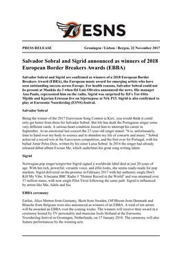 Salvador Sobral and Sigrid Announced As Winners of 2018 European Border Breakers Awards (EBBA)