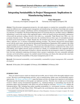 Integrating Sustainability in Project Management: Implications in Manufacturing Industry
