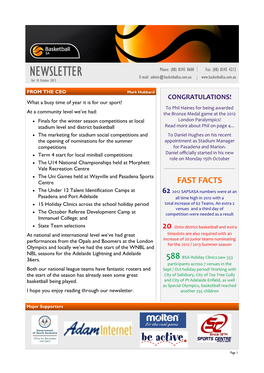 NEWSLETTER E-Mail: Admin@Basketballsa.Com.Au Vol 10 October 2012