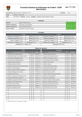 Comissão Estadual De Arbitragem De Futebol - CEAF Jogo: 177 / 2017 SÃO PAULO